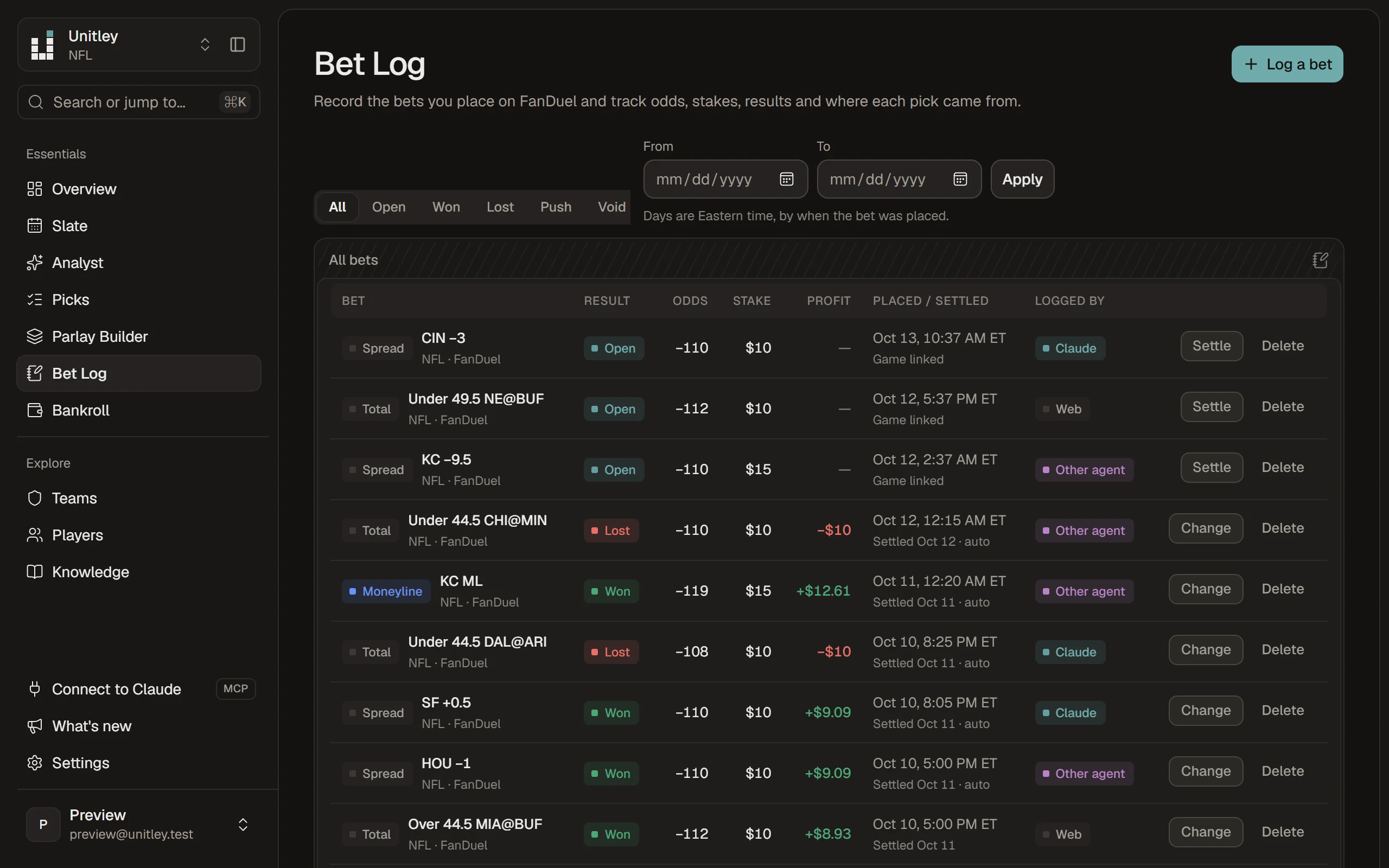 The Bet Log: record, ROI and units, with each bet's result