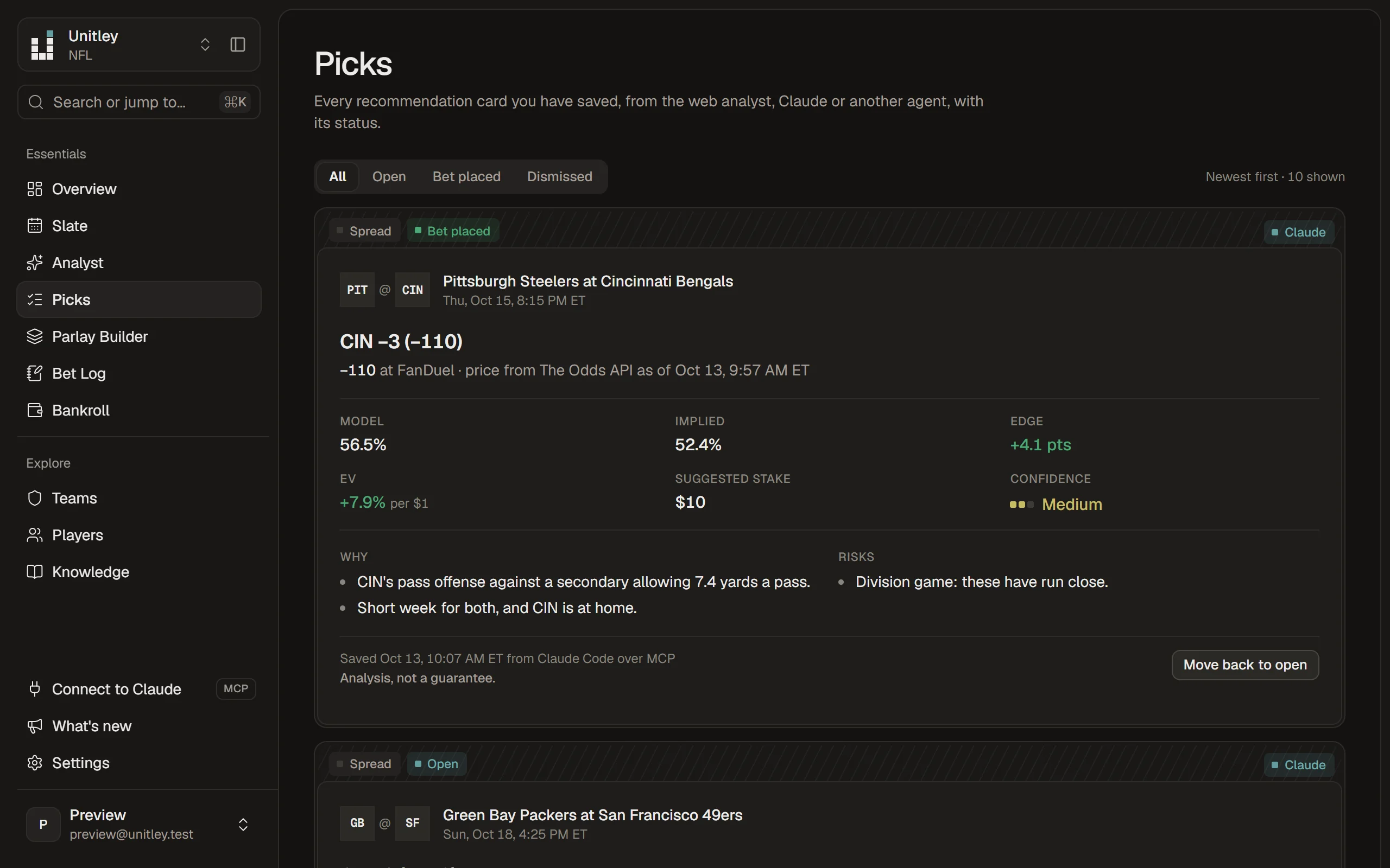 Saved picks, each with its price, chance and the reasoning behind it