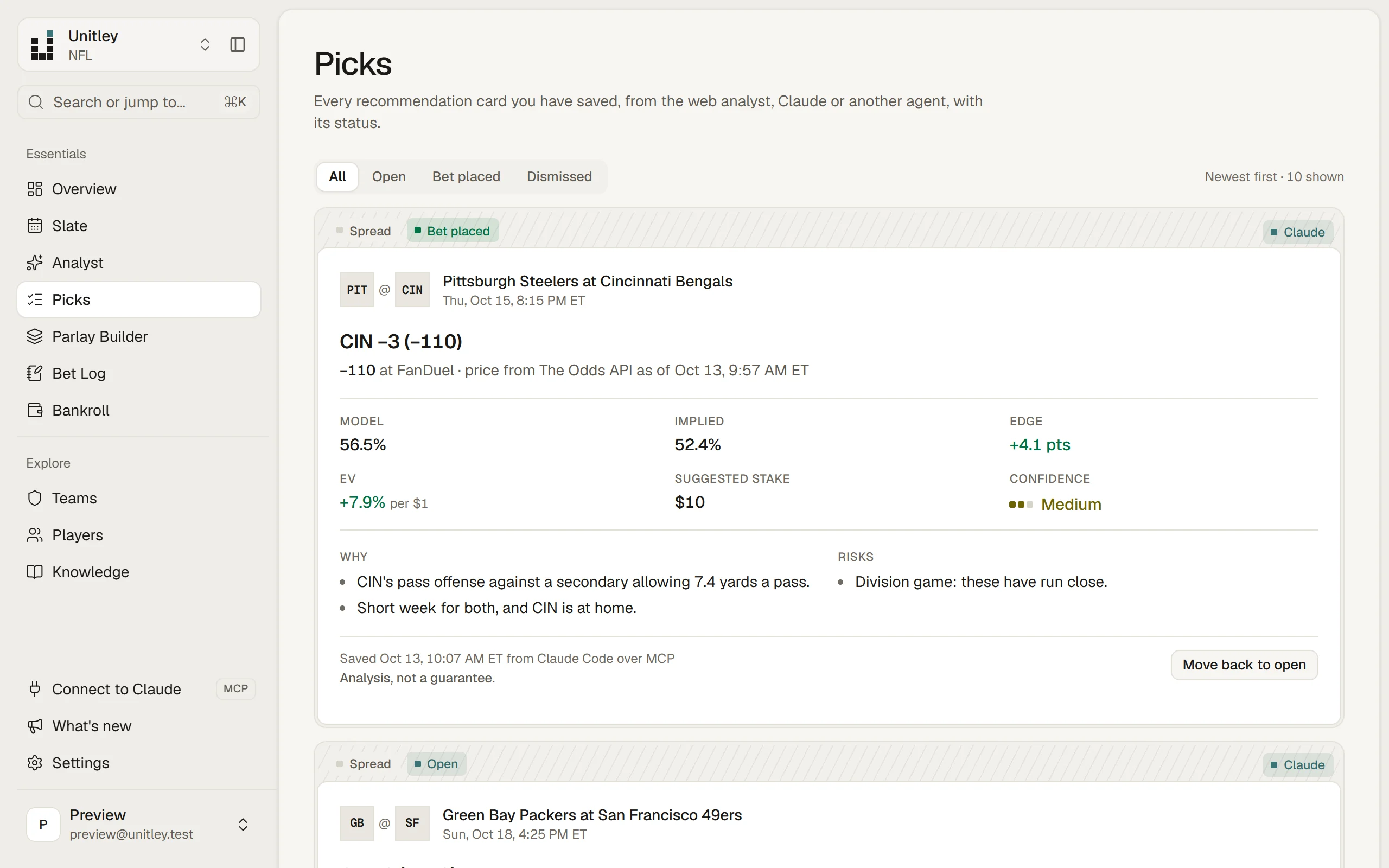 Saved picks, each with its price, chance and the reasoning behind it