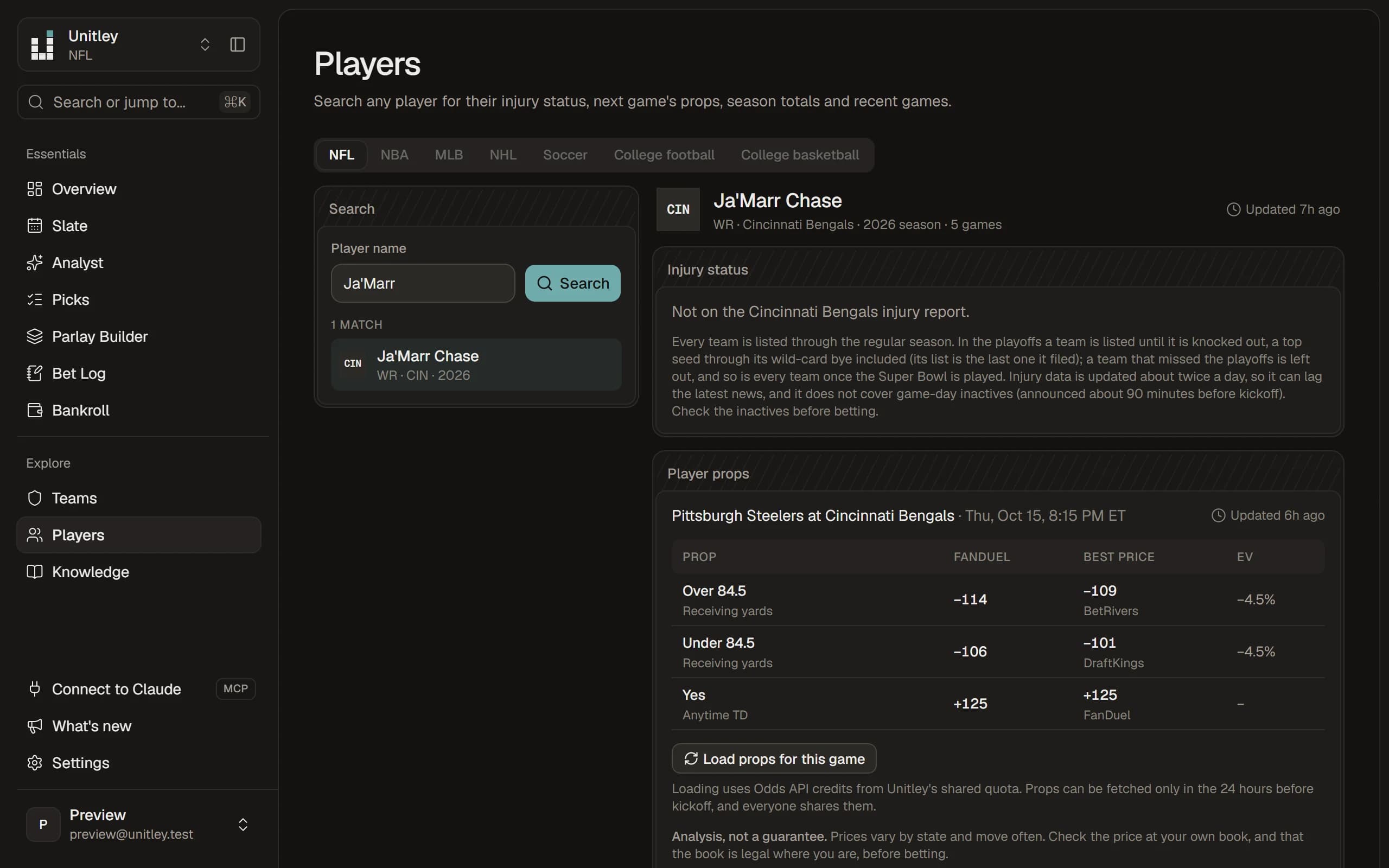 A player's page with the cached props for the next game