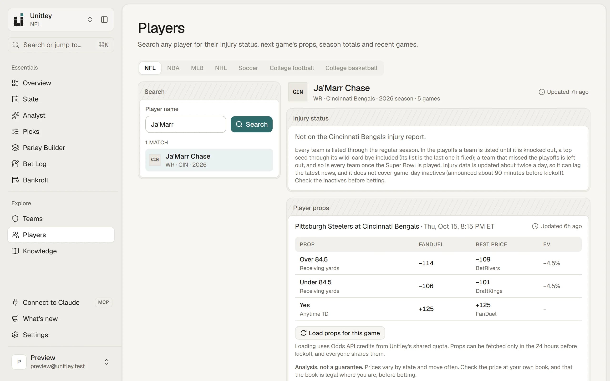 A player's page with the cached props for the next game